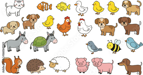 Cute cartoon farm and pet animals, vector baby animals set, domestic animal collection, funny wildlife illustration, adorable animal character pack