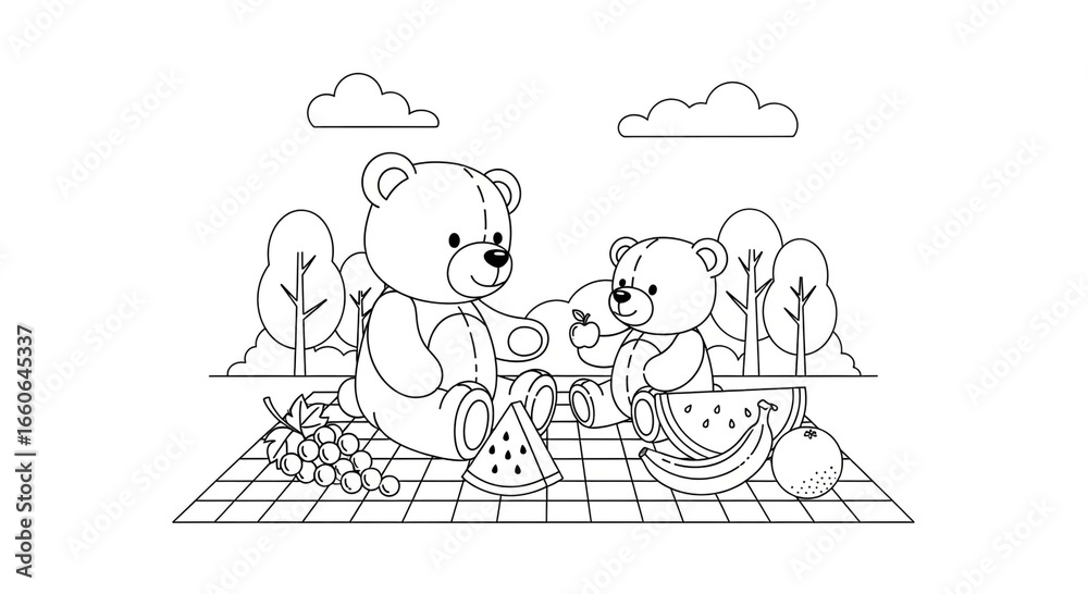 Fototapeta premium Two teddy bears having a picnic with fruit on a blanket in a park coloring page illustration