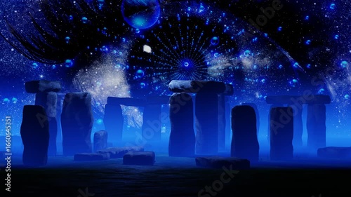 Stonehenge, misty in the dark with all-seeing eye and tunnel of spheres 