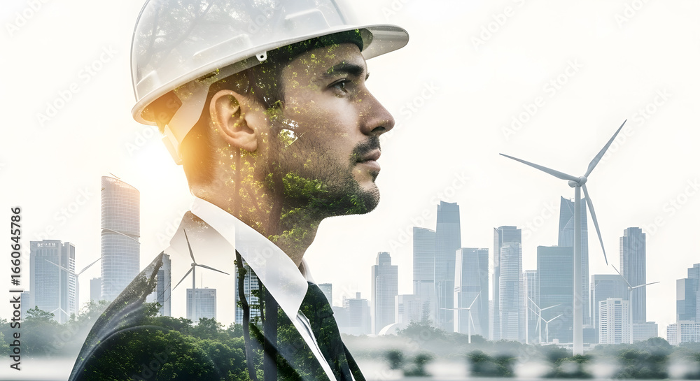 Fototapeta premium Engineer with a Vision Green Energy, Cityscape, and Wind Turbines Powering a Sustainable Future