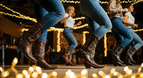 Country Line Dancers Boots Gleaming Under Warm Lights at a Lively Evening Event