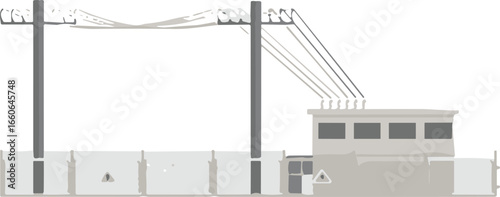 Electrical substation with utility poles and power lines, electrical infrastructure, energy distribution, electrical transformer station, utility network, industrial energy system