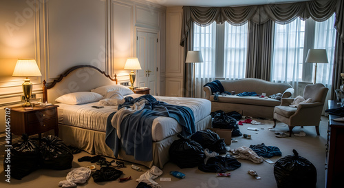 Messy Hotel Room After a Party with Discarded Trash and Clutter on Floor