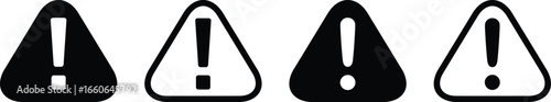 Exclamation mark warning icons in triangle shape, caution symbol vector set, alert hazard signs, safety notification graphic design