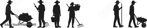 Farmers working with tools, carrying baskets and pushing wheelbarrow, farming silhouette scene, black vector illustration, agriculture activity, rural people collection
