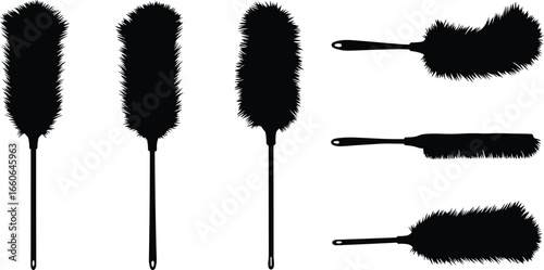 Feather duster silhouette set, household cleaning tools, black dust brush vector illustration, domestic cleaning supplies for maintenance and hygiene