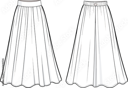 Flared skirt flat sketch, front and back view, fashion technical drawing, waistband detail, long length, women’s apparel design template