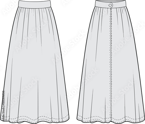 Flared maxi skirt flat sketch, front and back view, button detail, pleated long skirt design, fashion technical drawing template