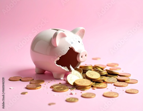 Wallpaper Mural Broken Piggy Bank with Gold Coins, and Pink. Torontodigital.ca
