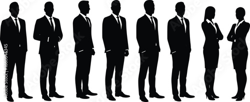 Group of business professionals in formal wear, standing silhouette, corporate team posture, black vector illustration, office people, business concept art