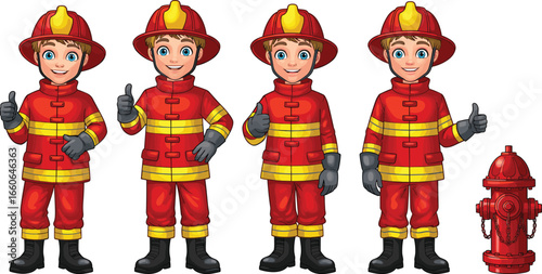 Group of cartoon firefighter boys in red uniforms with helmets showing thumbs up, standing next to fire hydrant, vector illustration