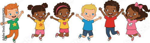 Group of diverse happy kids jumping, smiling, playing together, childhood fun, cartoon children illustration, colorful joyful character vector design
