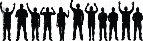 Group of people cheering, celebrating victory, standing silhouettes, male and female figures, hands raised, black vector art, joyful pose, teamwork illustration