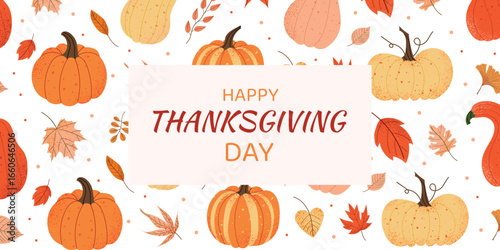 Thanksgiving illustration with cute pumpkins and colorful fall leaves. Festive autumn composition in warm seasonal colors. Vector holiday greeting with decorative elements on white background.