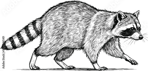 Hand drawn raccoon sketch, detailed wild animal illustration, walking raccoon vector art, black and white wildlife drawing for nature lovers