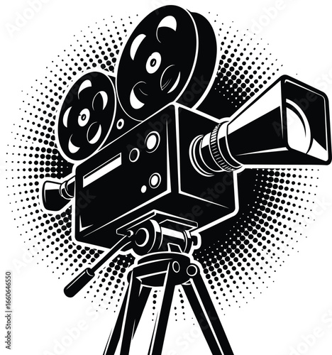 Vintage movie camera on tripod, retro cinema projector illustration, black and white film production equipment, classic cinematography vector
