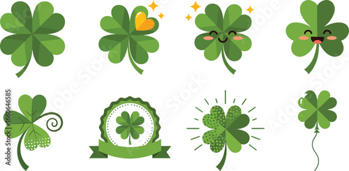 Vector art of collection of lucky shamrock clovers with cute faces and decorations