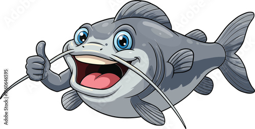 Happy cartoon catfish giving thumbs up, smiling fish vector illustration, fun aquatic animal character, friendly catfish drawing