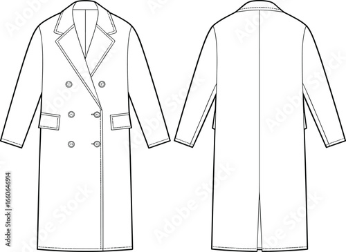 Long trench coat flat sketch, double breasted coat, women outerwear CAD drawing, front and back view, fashion vector illustration