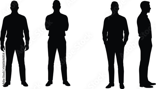 Male silhouette collection in casual poses, modern outfit, side and front views, vector illustration for design, advertising, profile concepts
