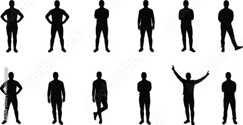 Male standing pose silhouette collection, casual man body posture set, human figure design, vector illustration for graphic design use