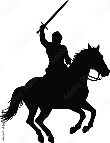 Medieval knight on horse silhouette with sword raised, vector illustration perfect for historical themes, battle scenes, emblems, and heroic designs