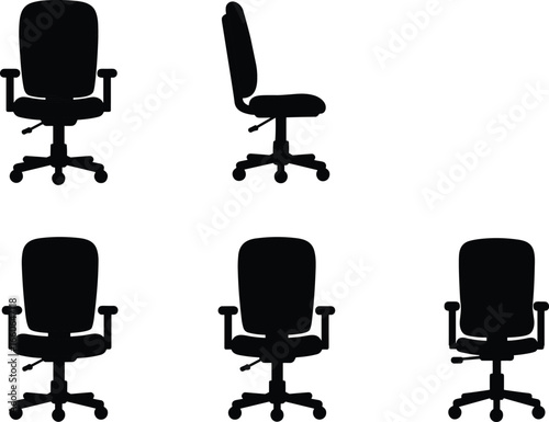 Office chair silhouette set, ergonomic furniture design, swivel chair icon, vector illustration for workplace, black chair front and side view