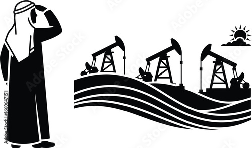Vector art of arab man in traditional clothing looking at oil pumpjacks