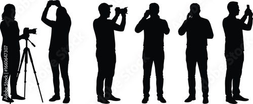 Photographer silhouette, camera tripod, mobile shooting, people with smartphone, photography action, black vector illustration, capturing moment, creative pose set