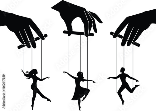 Puppet master silhouette illustration, controlling human marionettes with strings, symbolizing manipulation, control, power, dominance, concept art vector graphic