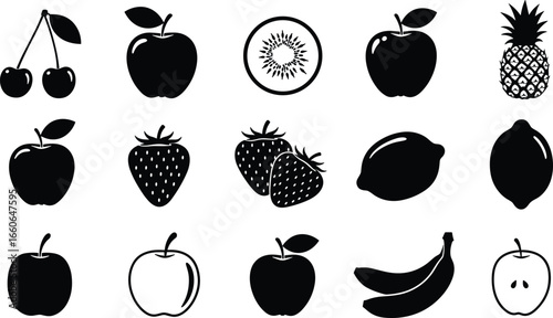 Set of black fruit silhouettes, vector illustration of apple, banana, cherry, strawberry, lemon, kiwi, pineapple, healthy food icons