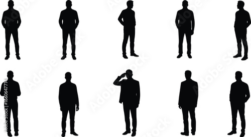 Silhouette collection of standing men, various poses, casual and formal posture, male figure illustration, black vector art isolated