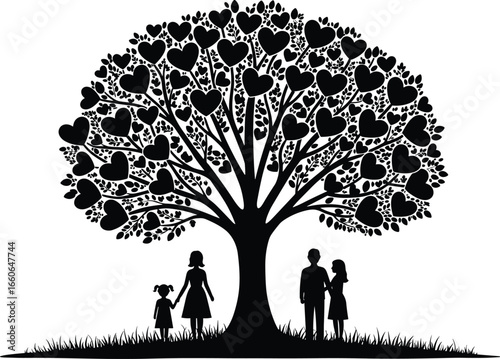 Silhouette family under heart-shaped tree, love nature concept, unity and bonding, parent and child relationship, vector illustration, peaceful outdoor scene
