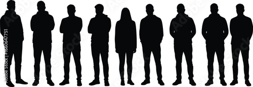 Silhouette group of men and woman, standing pose, casual clothing, side and front view, black shadow vector, illustration art
