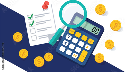 Vector art of calculator coins, and checklist with magnifying glass for financial analysis