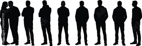 Silhouette group of people, standing pose, men and woman, casual clothing, black vector illustration, shadow figure, side view