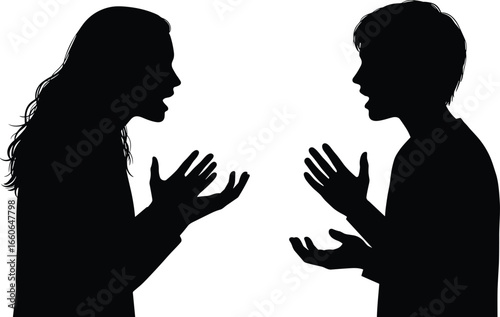 Silhouette illustration of couple arguing, man and woman in conflict, emotional conversation, relationship issues, vector art design concept