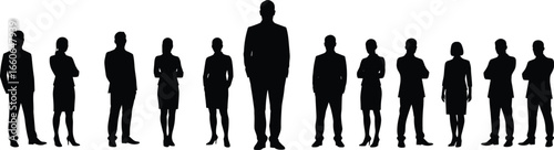 Silhouette of business team with leader in center, teamwork concept, corporate group, leadership, office professionals, vector illustration
