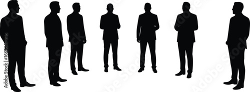 Silhouette of businessmen standing, formal pose, side view, team concept, black vector illustration, isolated, professional look, business attire