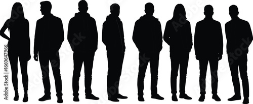 Silhouette of casual standing people, young men and women, modern fashion, side view pose, black vector illustration, isolated group