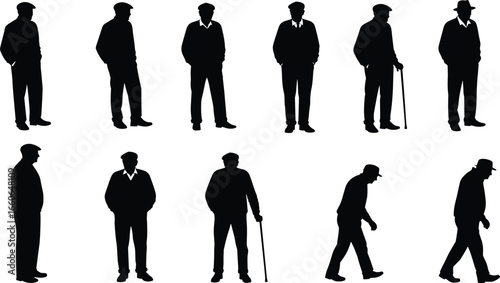 Silhouette of elderly man standing, walking, with cane, old male figure poses, vector illustration, aging concept, senior person clipart