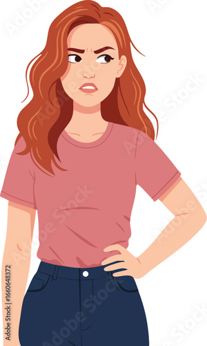 Redhead woman with angry expression standing with hand on hip in casual outfit vector illustration 
