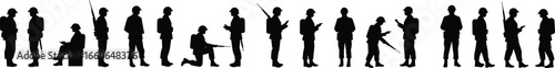 Silhouette of soldiers with guns in various poses, military army team vector, armed forces illustration for defense and warfare concepts