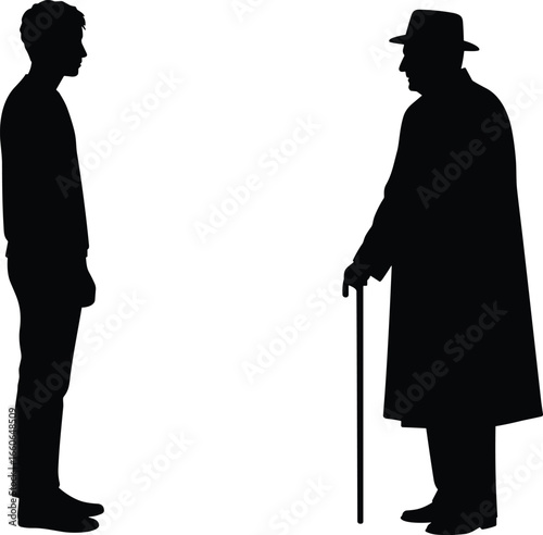 Silhouette of young man facing old man with cane, generational gap concept, aging and youth, black vector illustration