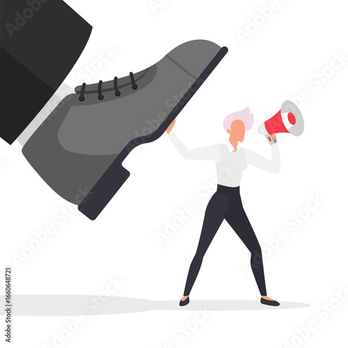 Pressure, violence and kick of giant foot to woman employee with megaphone vector illustration. Cartoon manager shouting into loudspeaker about tyranny, leadership problem. Freedom, protest concept