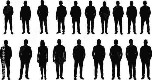 Silhouette vector illustration of standing people, male and female human figures, isolated characters for crowd, business, presentation, or infographic design