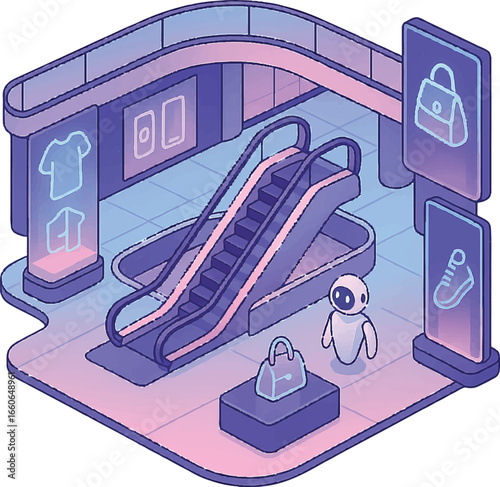 Isometric Futuristic Shopping Mall Interior – Holographic Displays & AI Assistant