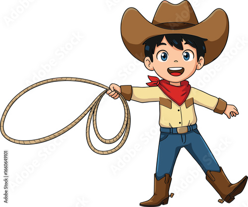Smiling cartoon cowboy boy with lasso rope, western outfit character for children’s wild west theme, flat vector illustration drawing