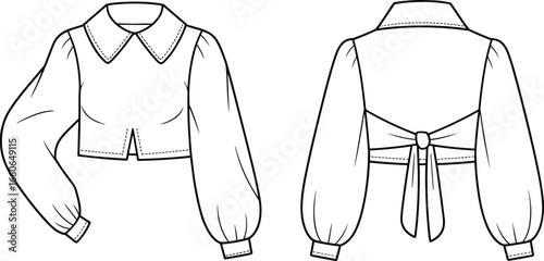 Stylish women’s crop blouse design with long puff sleeves, tie back detail, fashion CAD drawing, flat vector illustration, front and back