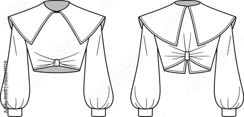 Stylish women’s puff sleeve blouse with wide collar, knotted front and back detail, fashion CAD sketch, flat vector illustration